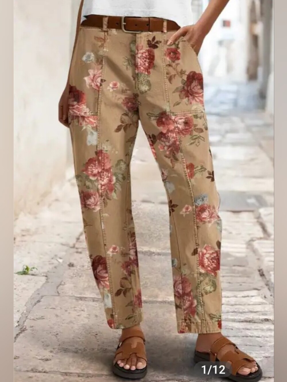 Flamingals Floral Print Seam Front Flap Pocket Mid Rise Barrel Leg Pants NWT L
